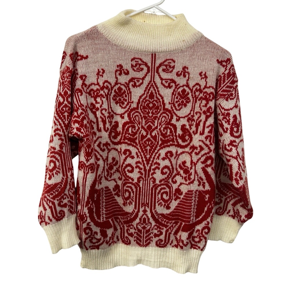 Vintage Red Cream Nordic Folk Art Jacquard Sweater Women S‎ M Boho Tapestry Knit